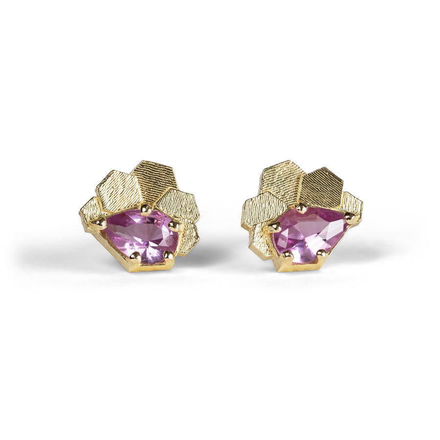 Chaos hex studs with pink pear shaped sapphires 18ct Y