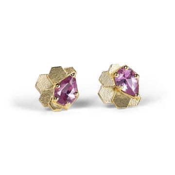 Chaos hex studs with pink pear shaped sapphires 18ct Y