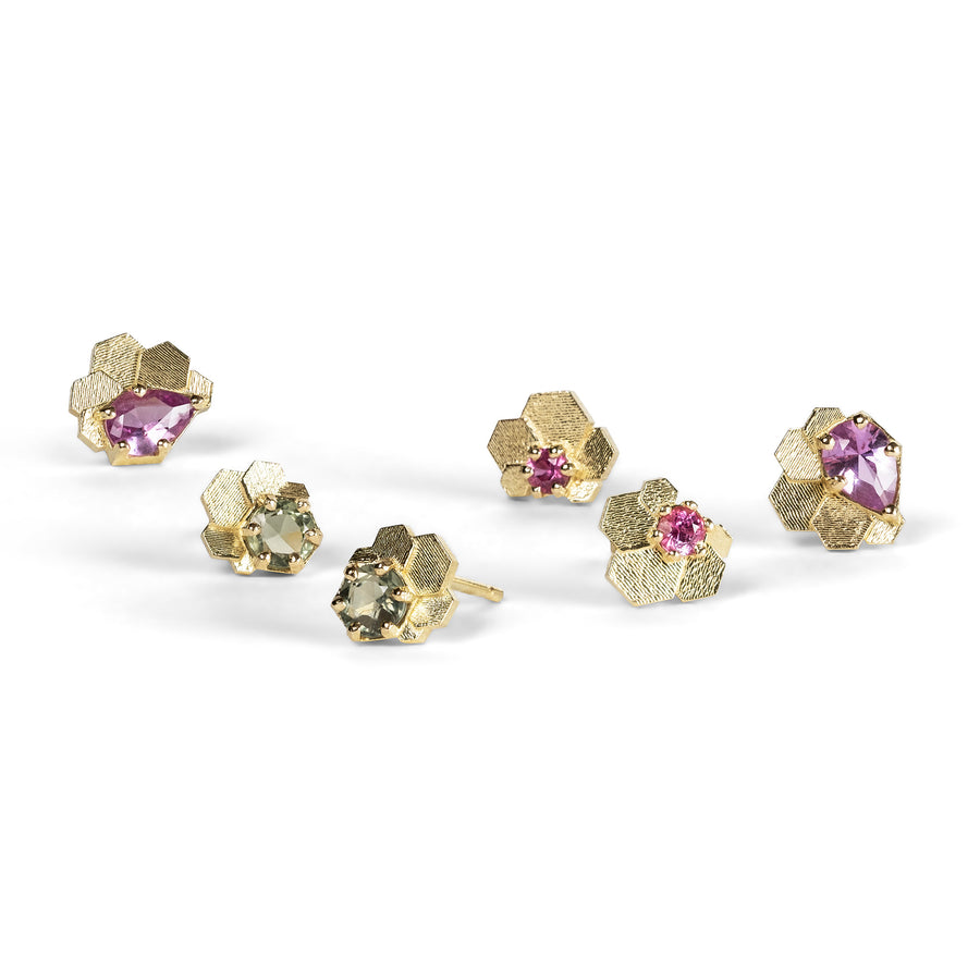 Chaos hex studs with pink pear shaped sapphires 18ct Y