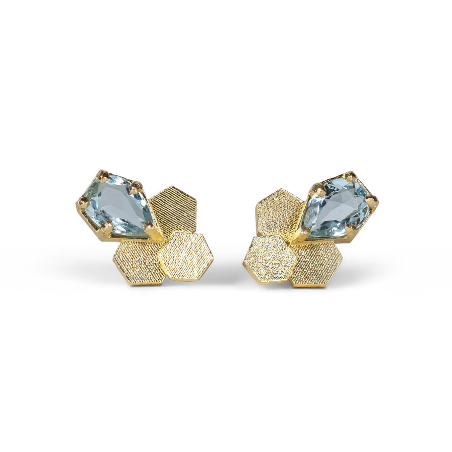 3 Chaos Hex studs with pear shaped Aquamarines