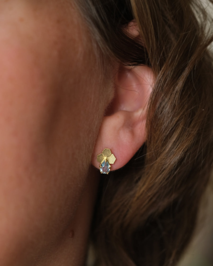 3 Chaos Hex studs with pear shaped Aquamarines